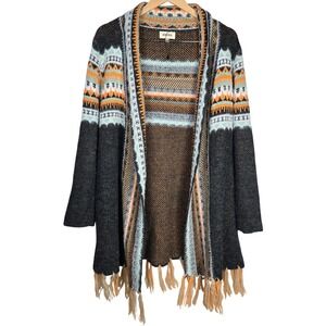ADORA Womens Aztec Western Print Open Front Cardigan Sweater Tassels SM Oversize
